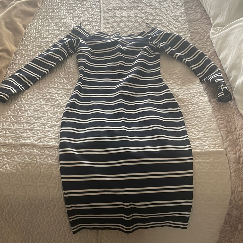 Bec and Bridge Ahoy off the shoulder fitted dress.